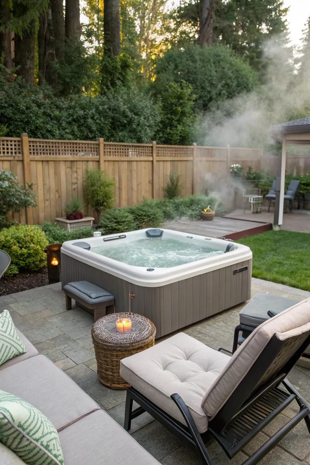 Inviting seating inspires relaxation near the <strong><em>hot tub</em></strong>.” loading=”lazy” class=”pimg”>
	</picture><figcaption>Inviting seating inspires relaxation near the <strong><em>hot tub</em></strong>.</figcaption></figure>
<p>Integrating comfortable seating options like loungers or veranda recliners can render your <strong><em>hot tub</em></strong> area both welcoming and communal. I cherish hosting gatherings with an intimate arrangement that fosters drawn-out dialogues.</p>
<h3>Items that may come in handy:</h3>
<ul class=