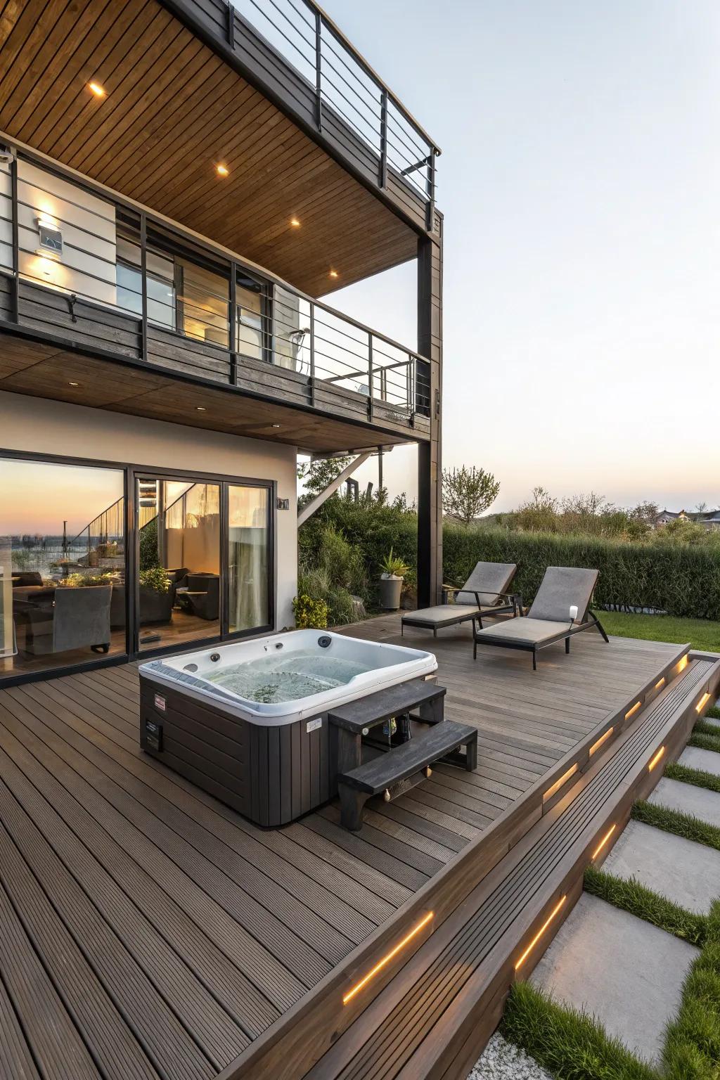 Elevate your backyard design with a multi-level deck and hot tub.