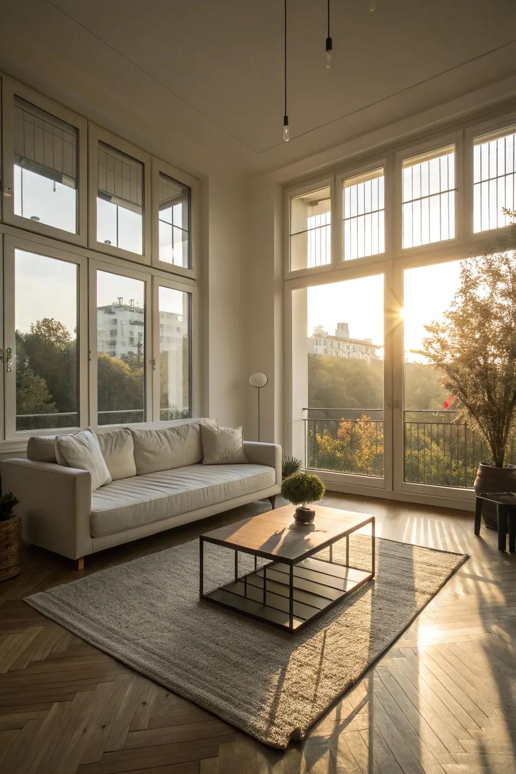 A radiant living area featuring full-height windows that soak the room in natural light.