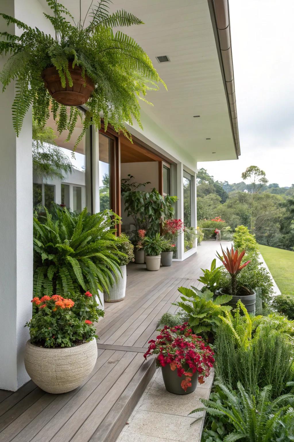Lush greenery imbues vitality into this contemporary porch setting.