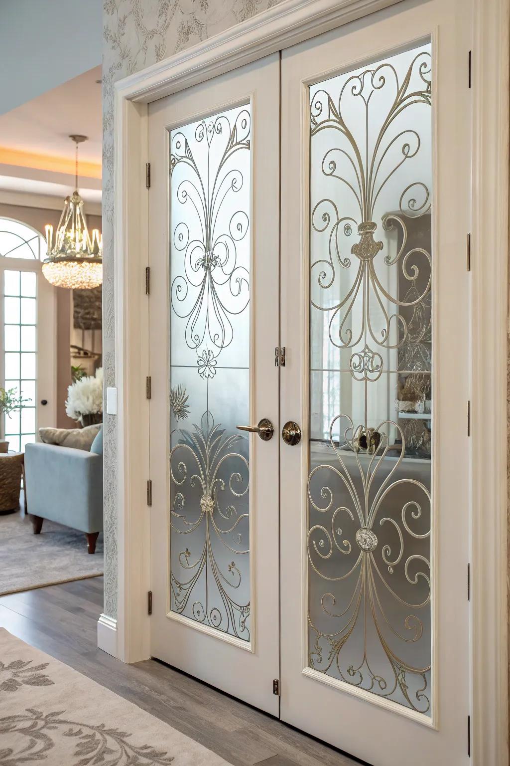 Textured glass enhances seclusion and creative panache to French doors.