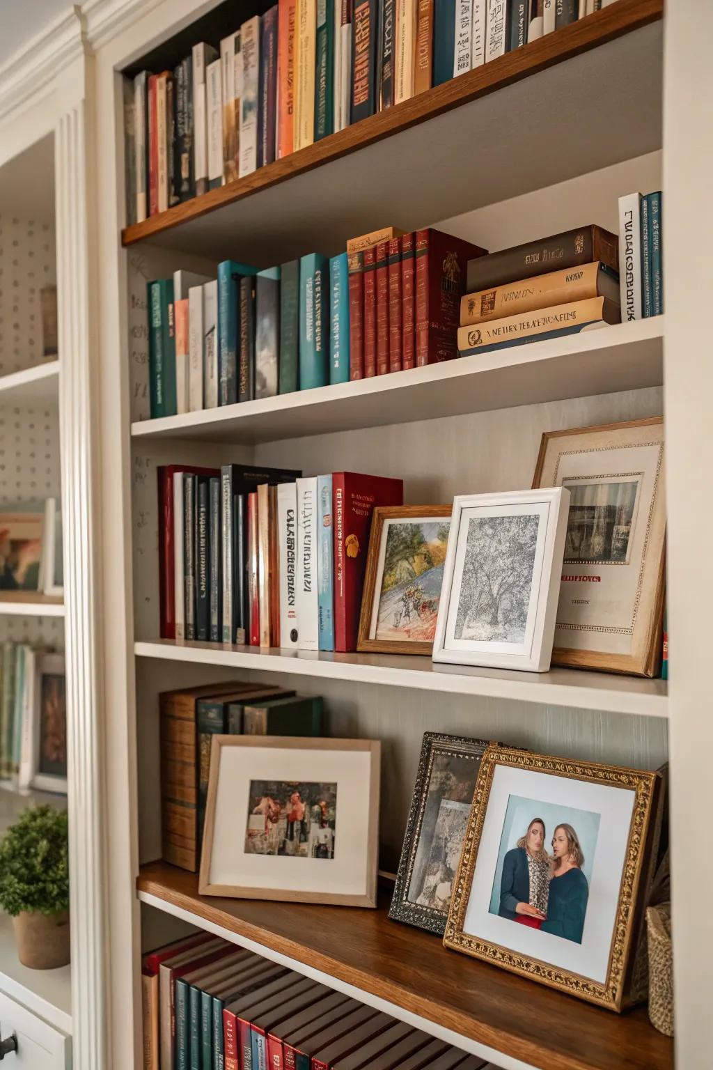 Bookshelf presenting displayed artwork and family images.