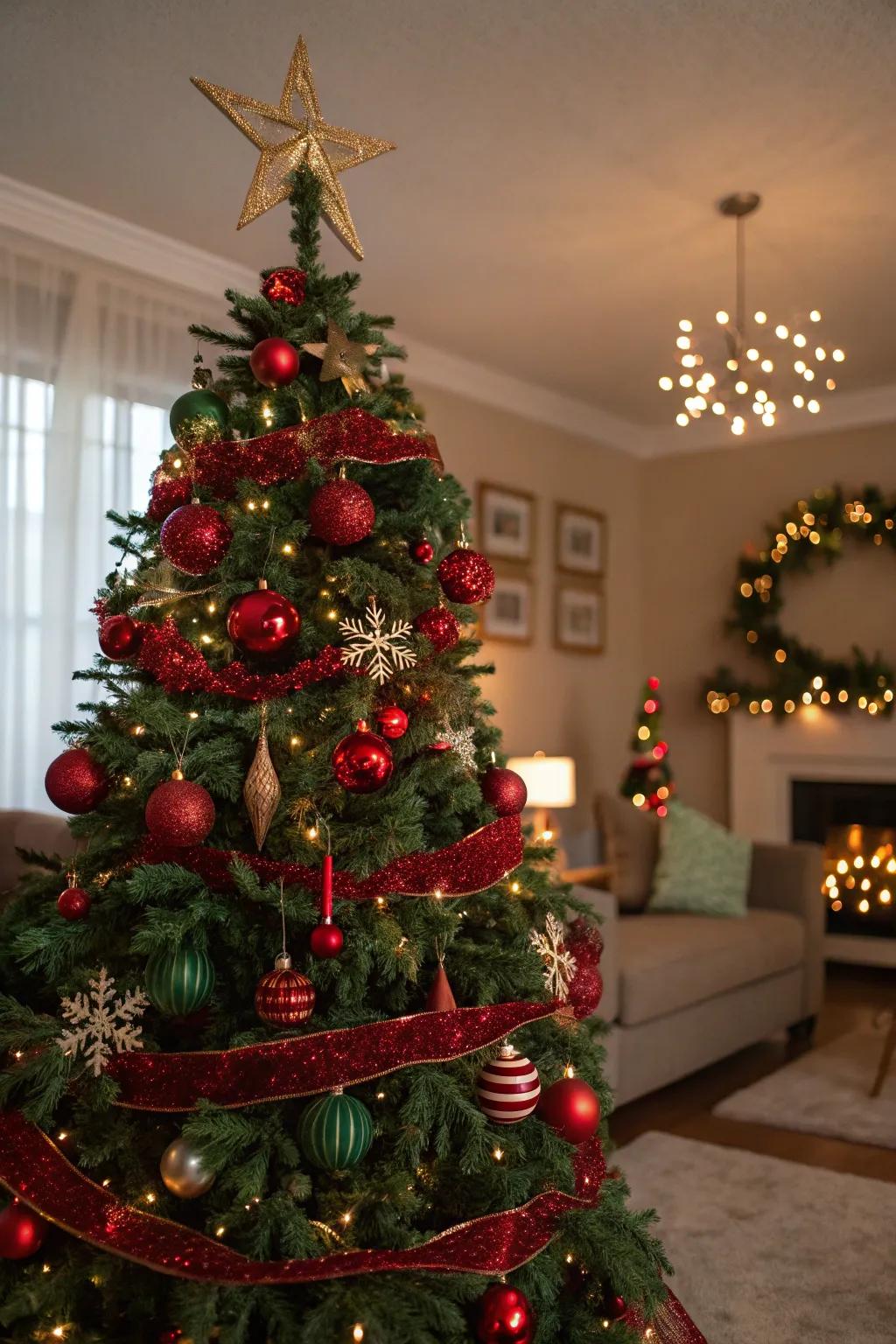 A traditionally adorned holiday tree showcasing ruby and emerald decorations, exuding everlasting appeal.
