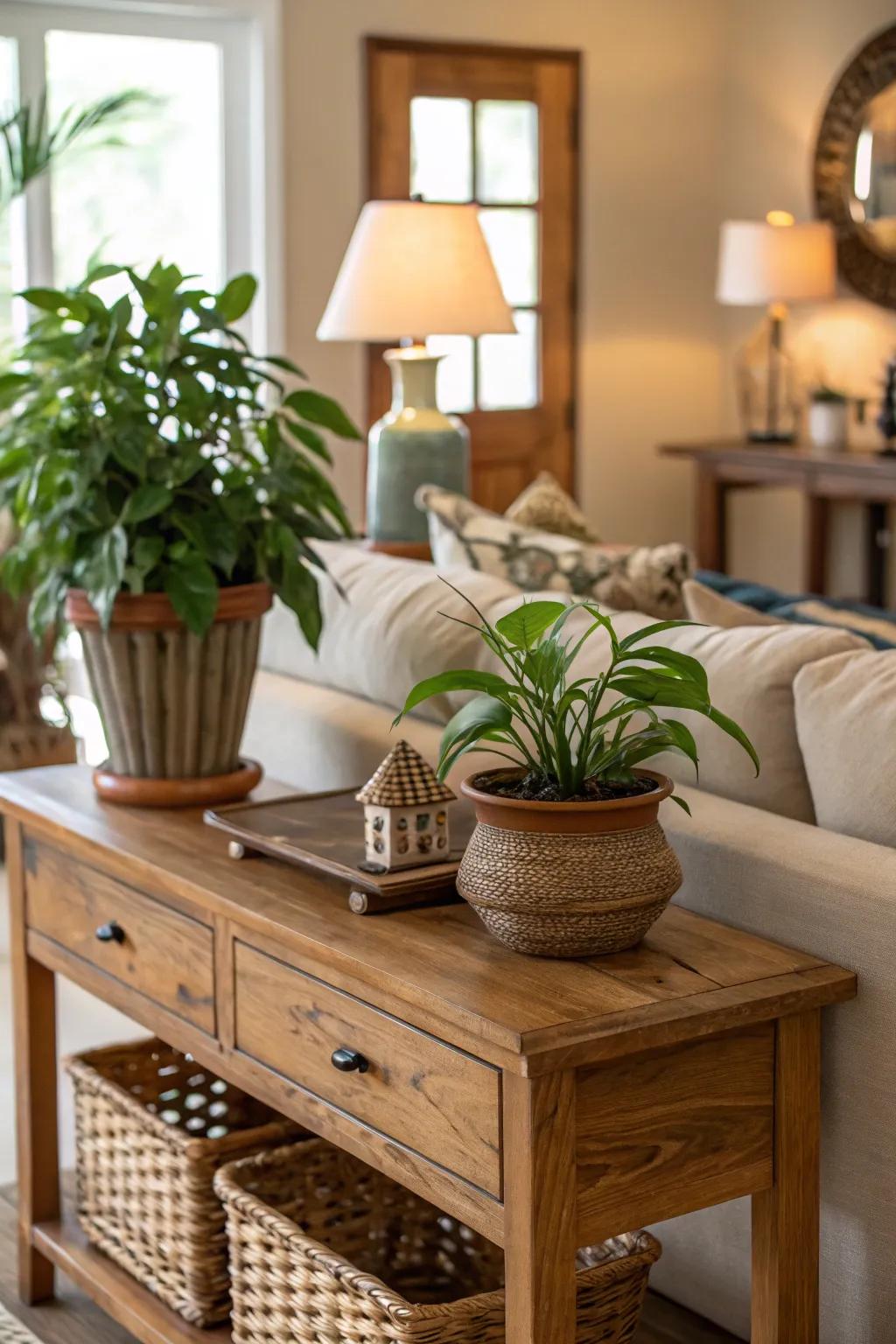 A hint of verdure enlivens a sofa table.
