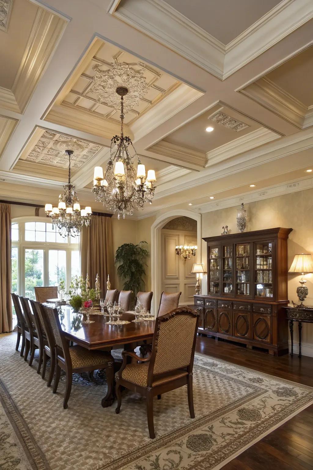 An elegant dining area featuring a traditional panelled roof design.