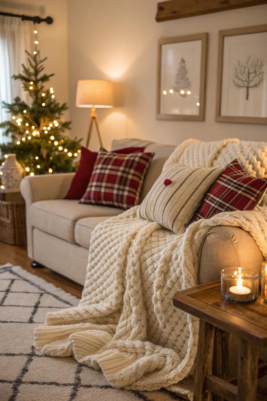 Comforting textiles fashion a snug living area atmosphere.