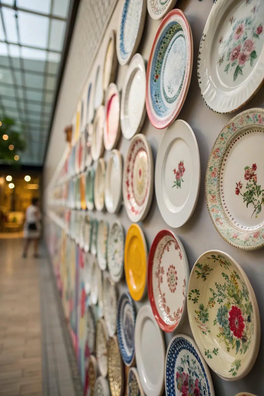 A magnificent wall exhibit of varied china dishes arranged in a creative pattern.