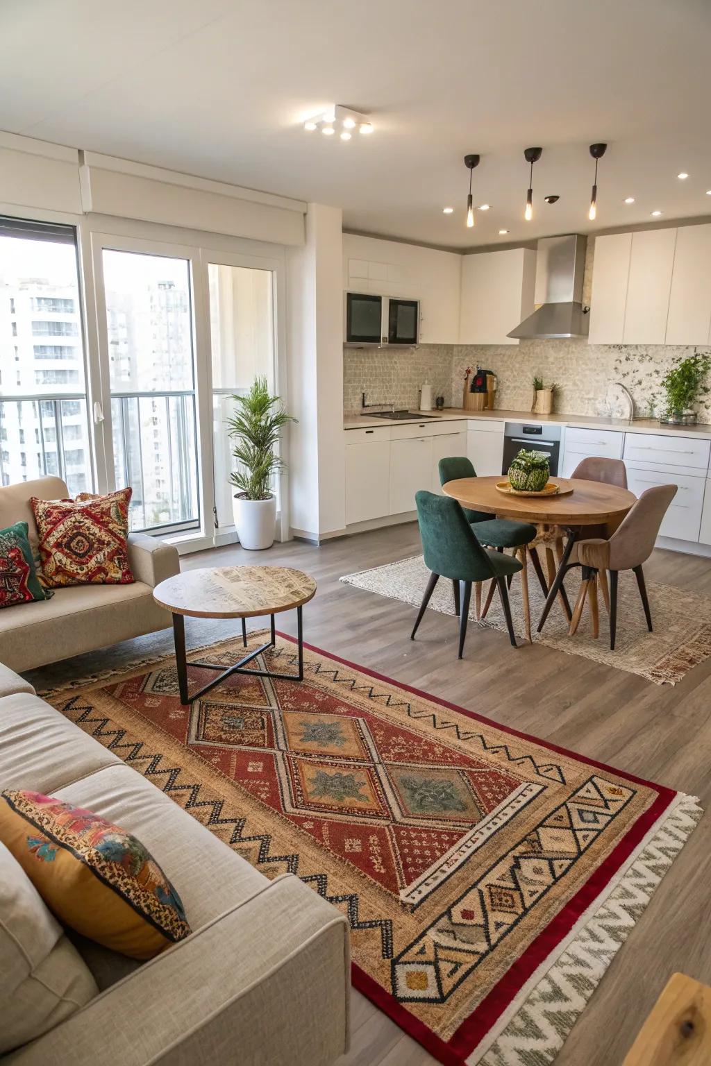 An open-plan area featuring defined lounge and work zones.