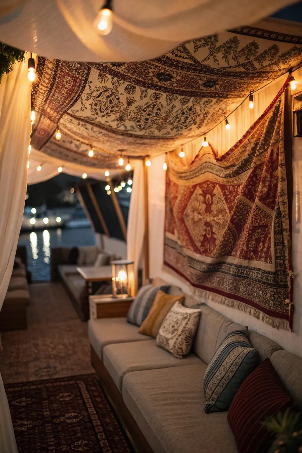 A textile draped from the ceiling engenders an intimate, snug area.
