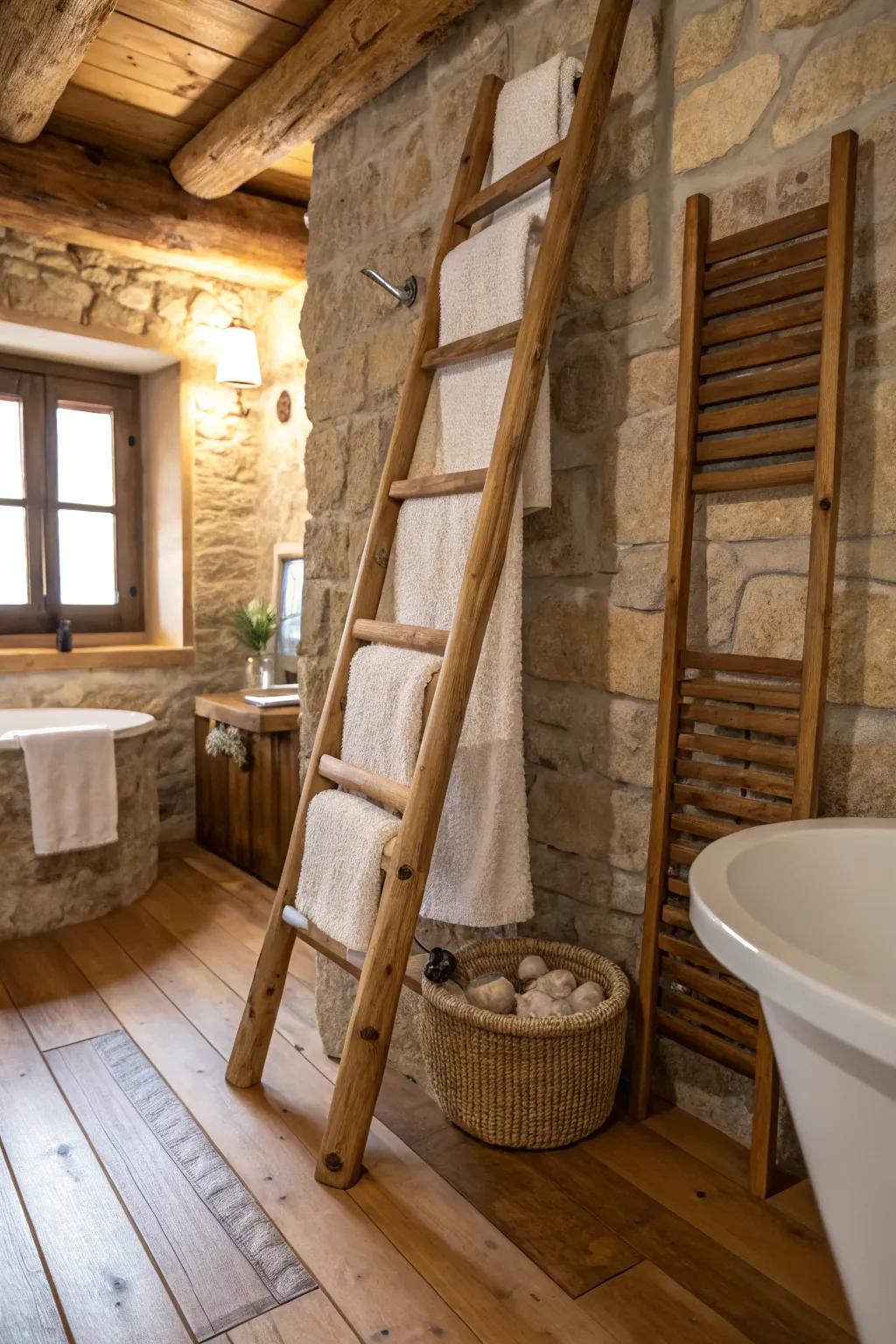 A decorative ladder brings country-style charm and practicality to towel hanging.