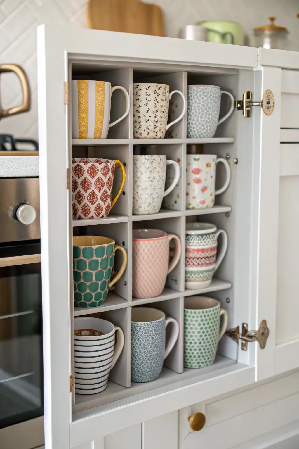 Exploit cupboard doors for mug organization.