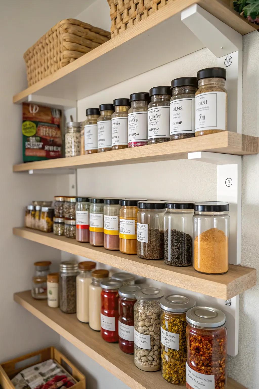 Multi-tiered shelf risers maximize space for spices and jars.