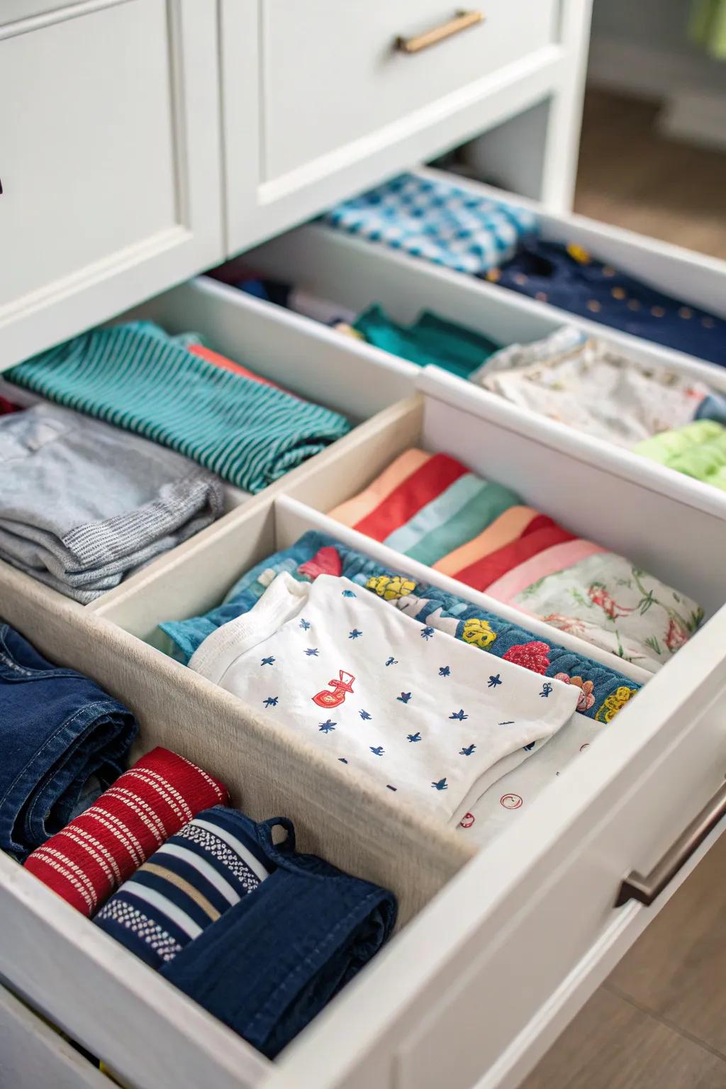 Drawer dividers are key for keeping clothing arranged and within reach.