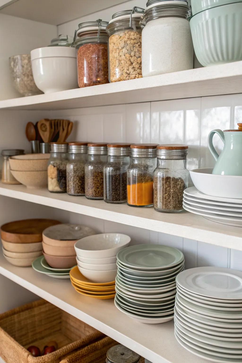 Shelving units effectively organizing kitchen essentials.