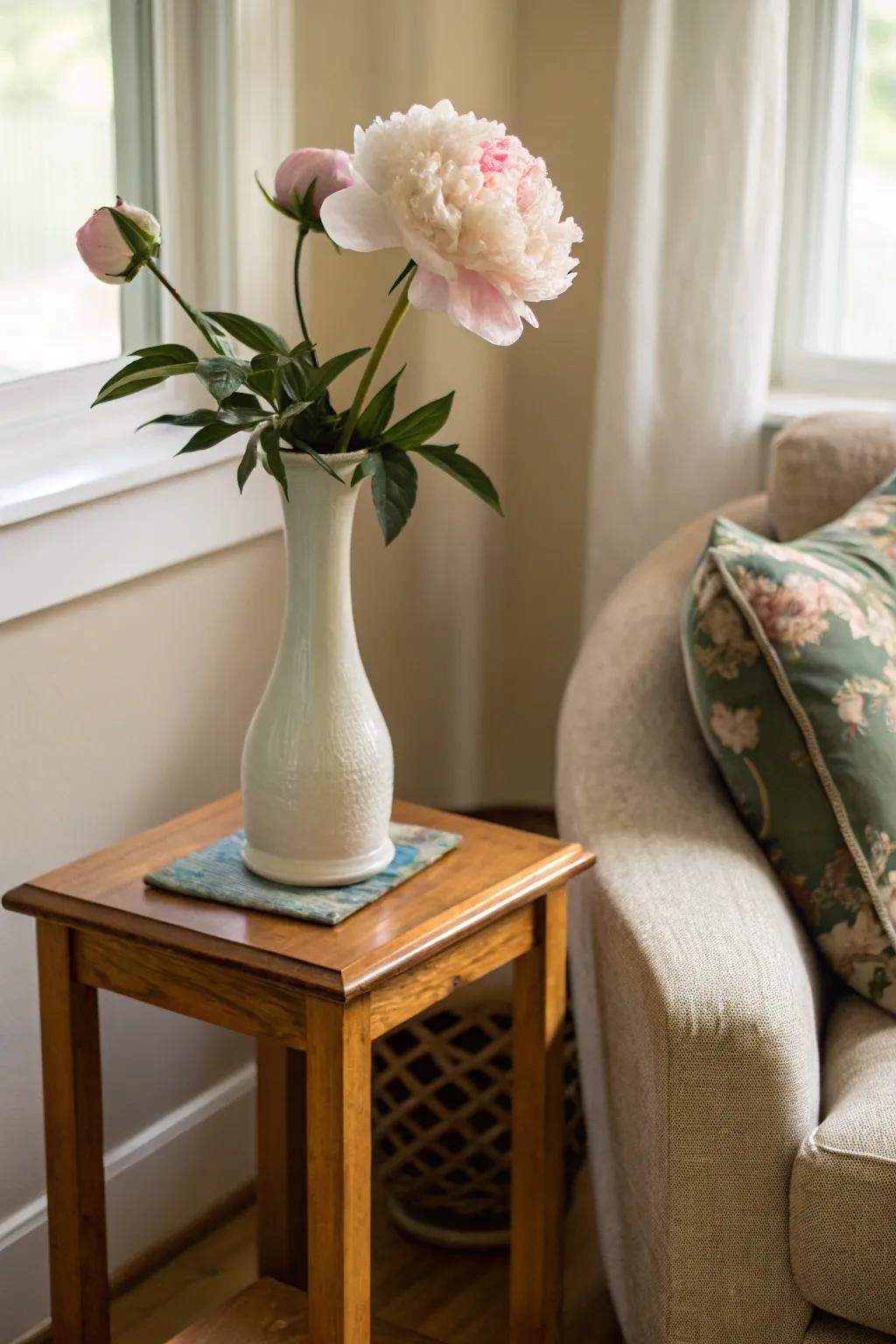 A minimalist composition featuring a single peony in a slender vase.