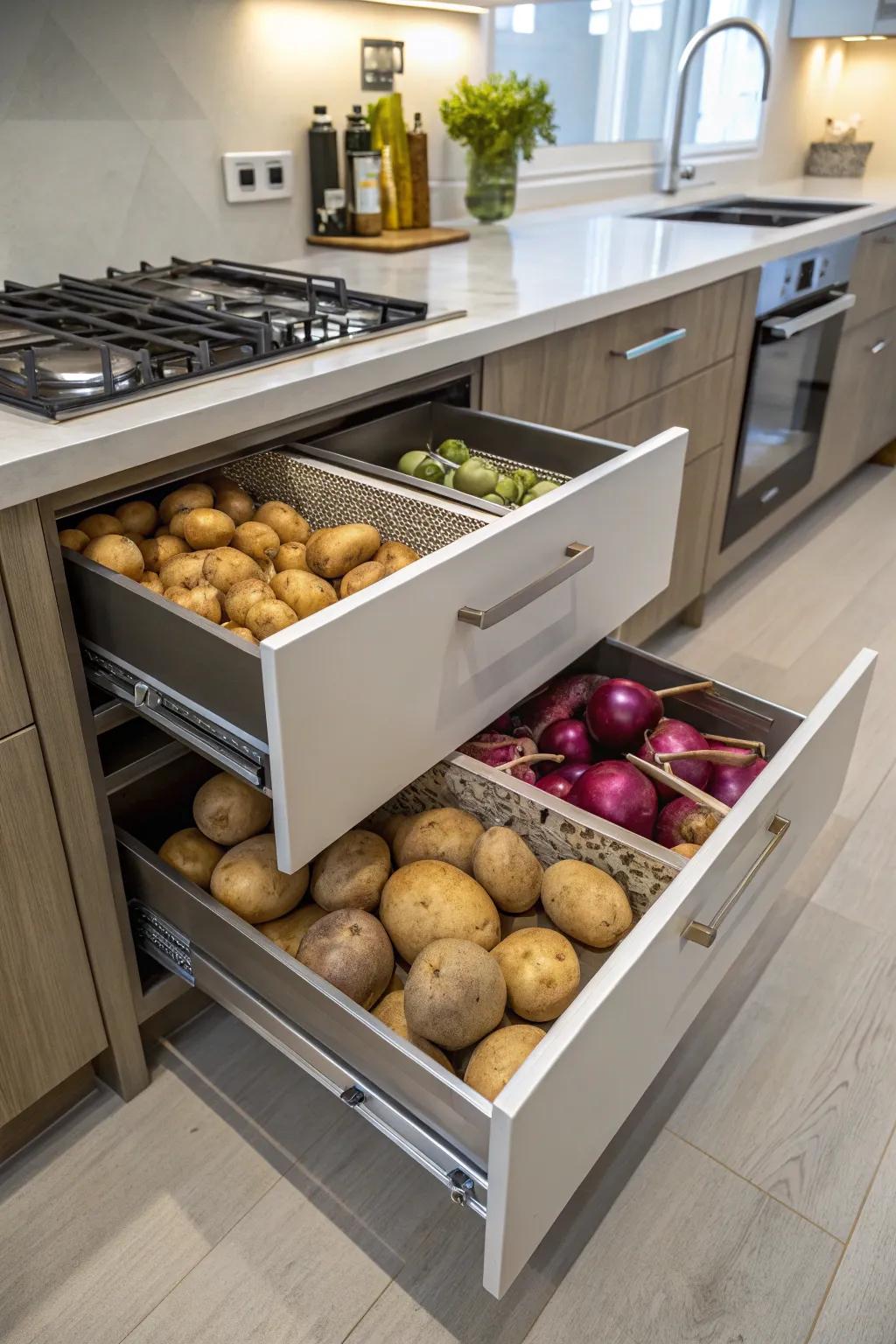 Extendable storage offers a space-efficient solution for storing kitchen basics.