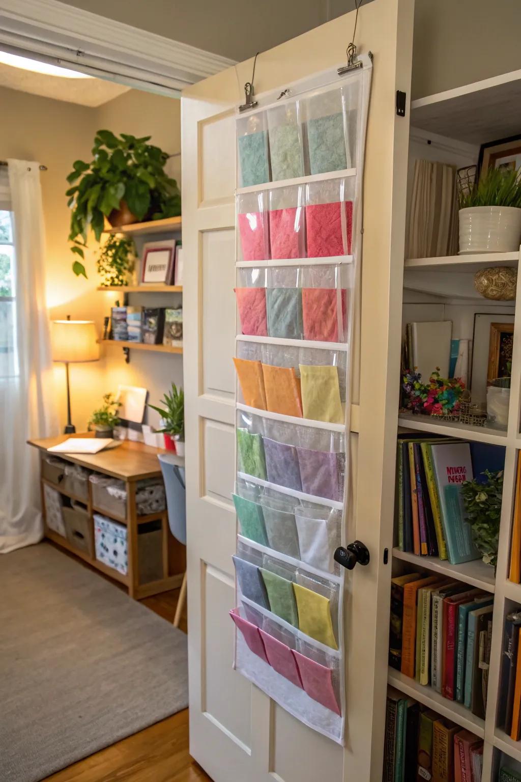 An over-the-door caddy saves space while storing tissue paper.