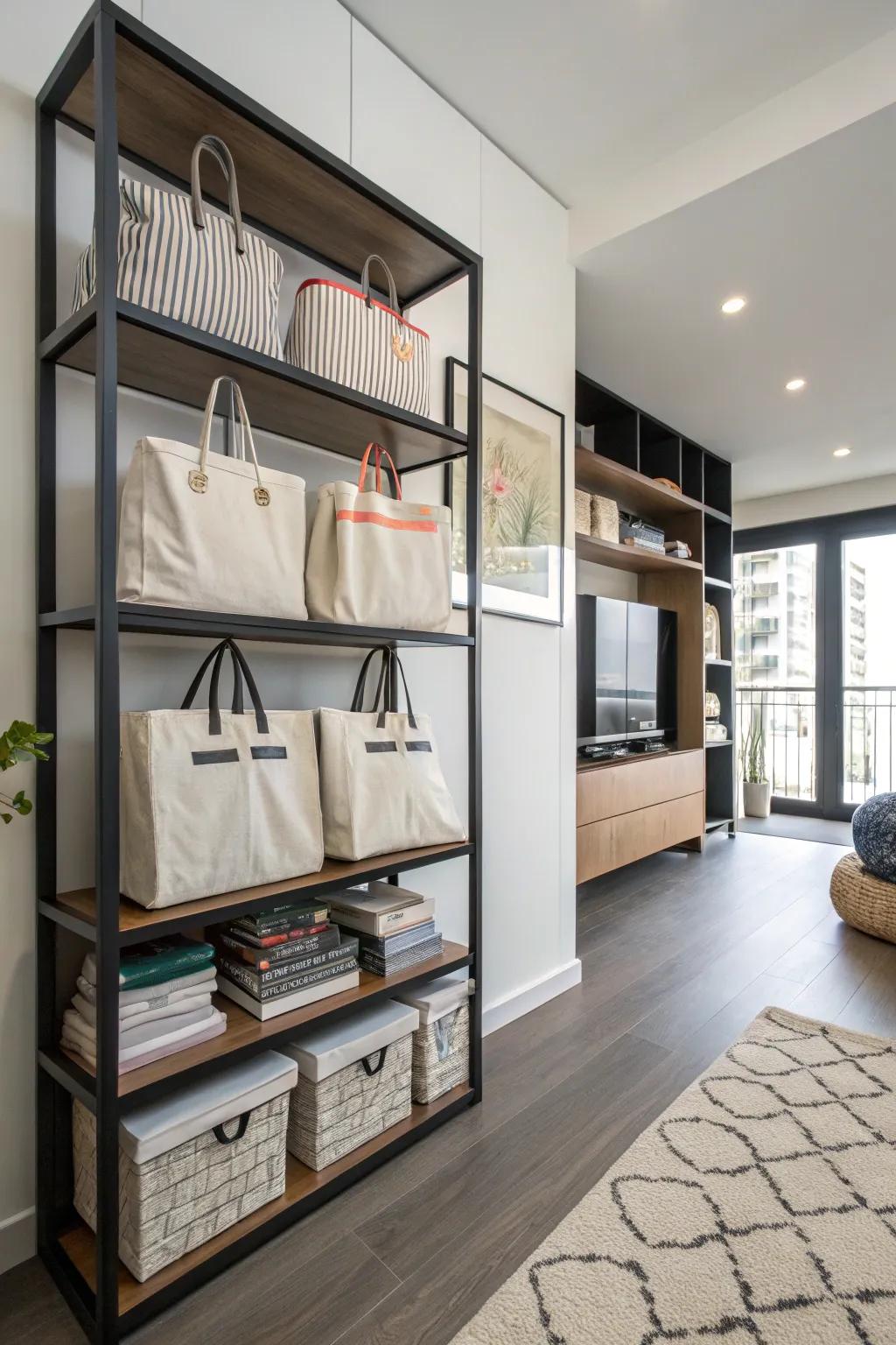 Shelves are a practical and attractive way to keep shopping bags.