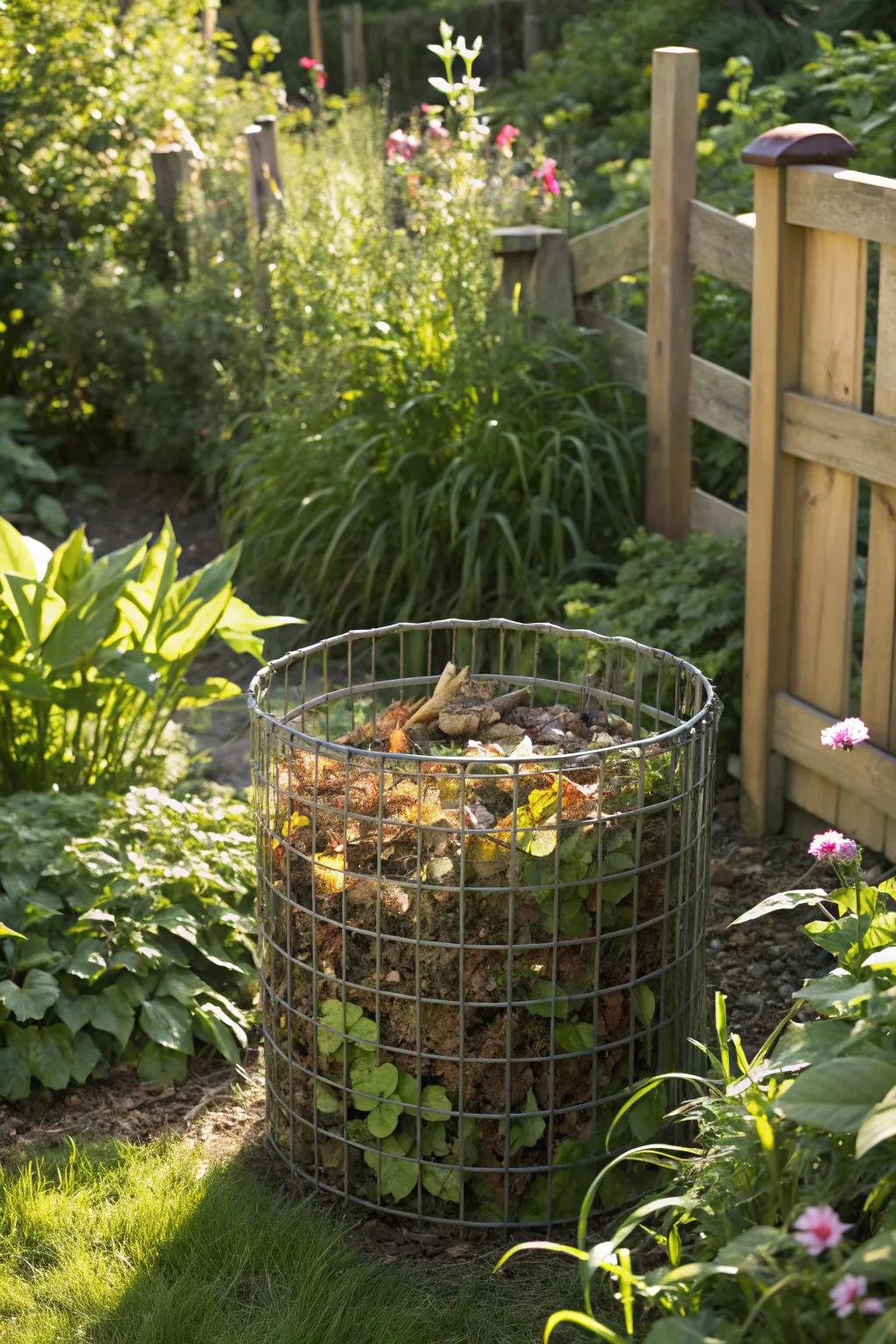 A wire mesh compost container ideally situated for maximum aeration and efficient composting.