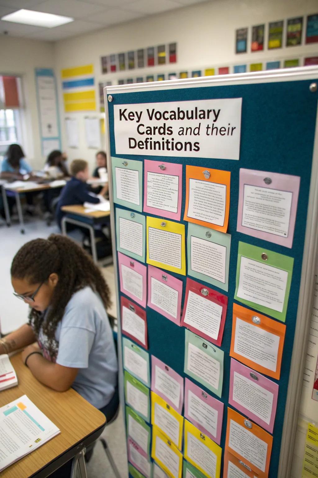A vocabulary wall that encourages language acquisition and comprehension.