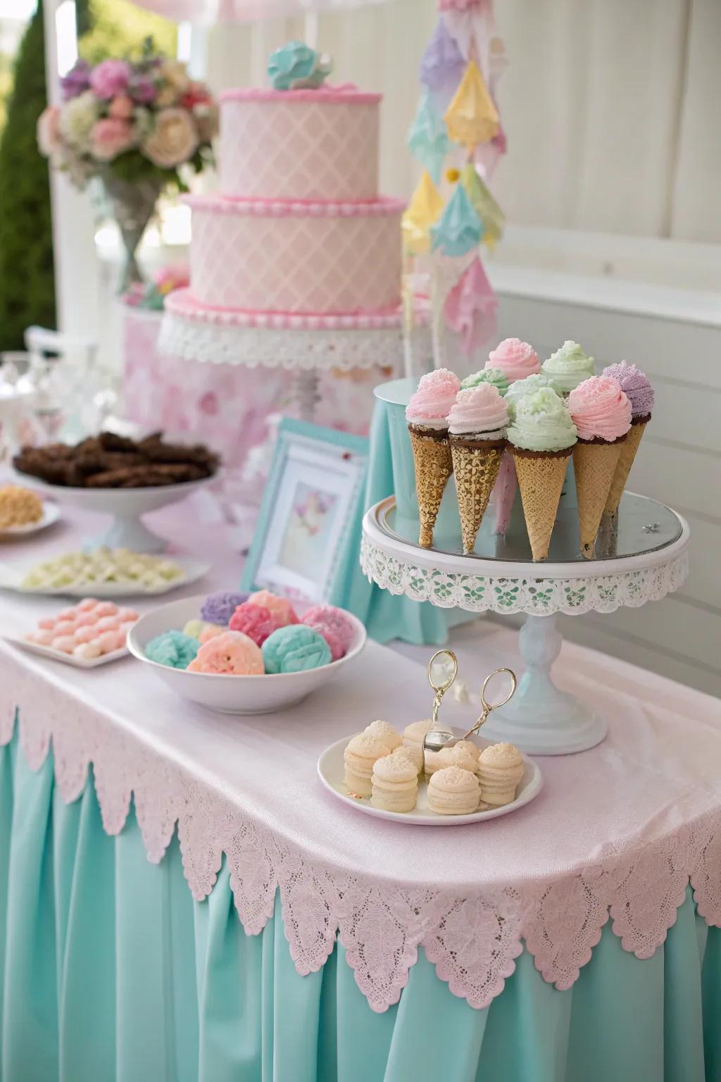 A pastel-themed ice cream table that harmonizes with the celebration decor.