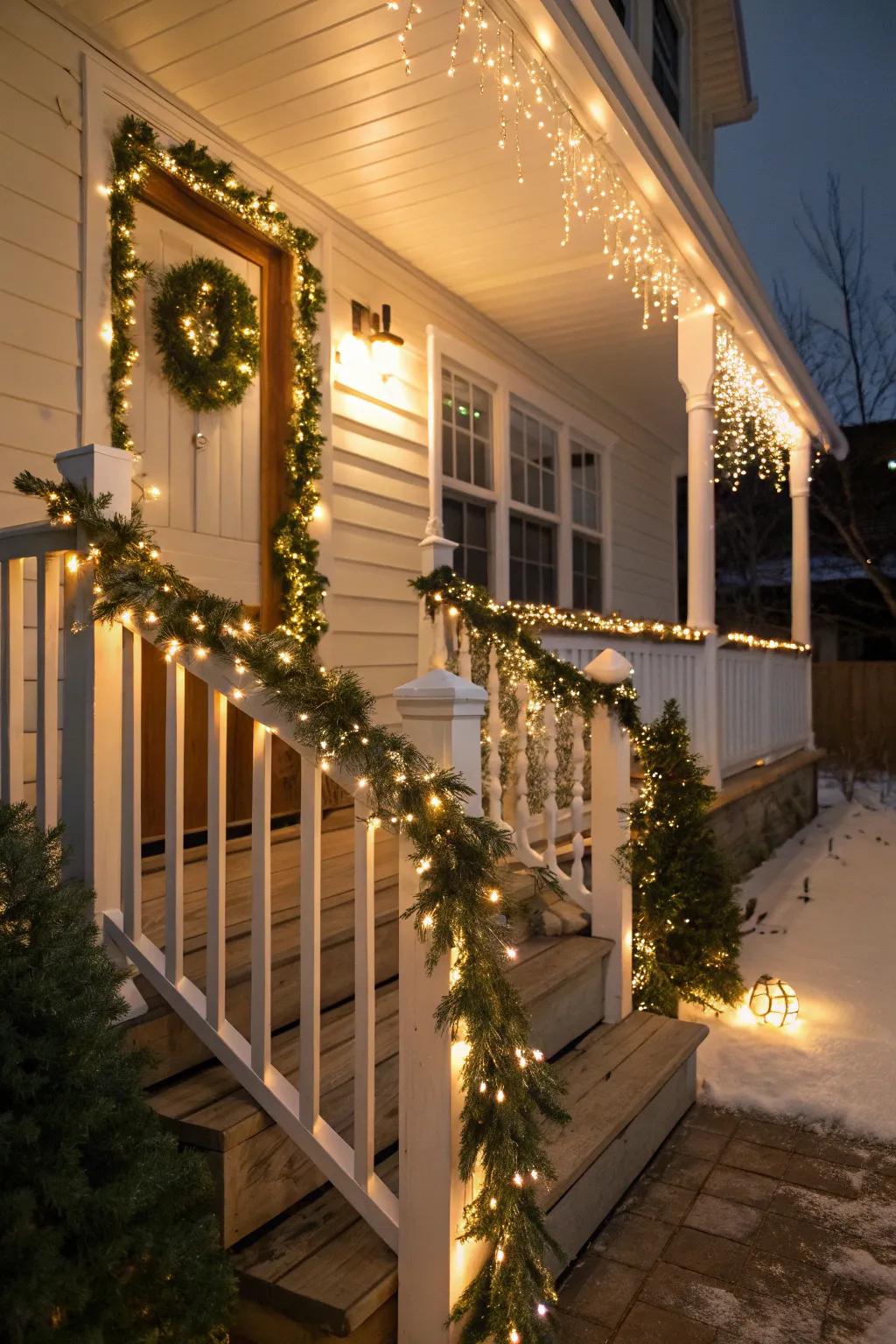 A veranda ornamented with a wreath and dazzle lights, ideal for celebratory assemblages.