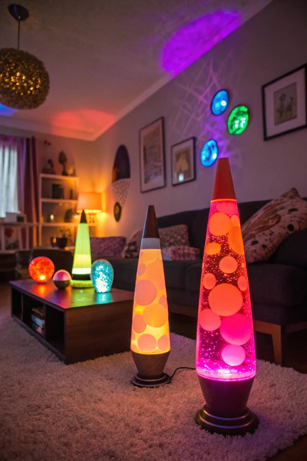 The cozy radiance of molten motion lamps creating a groovy setting.