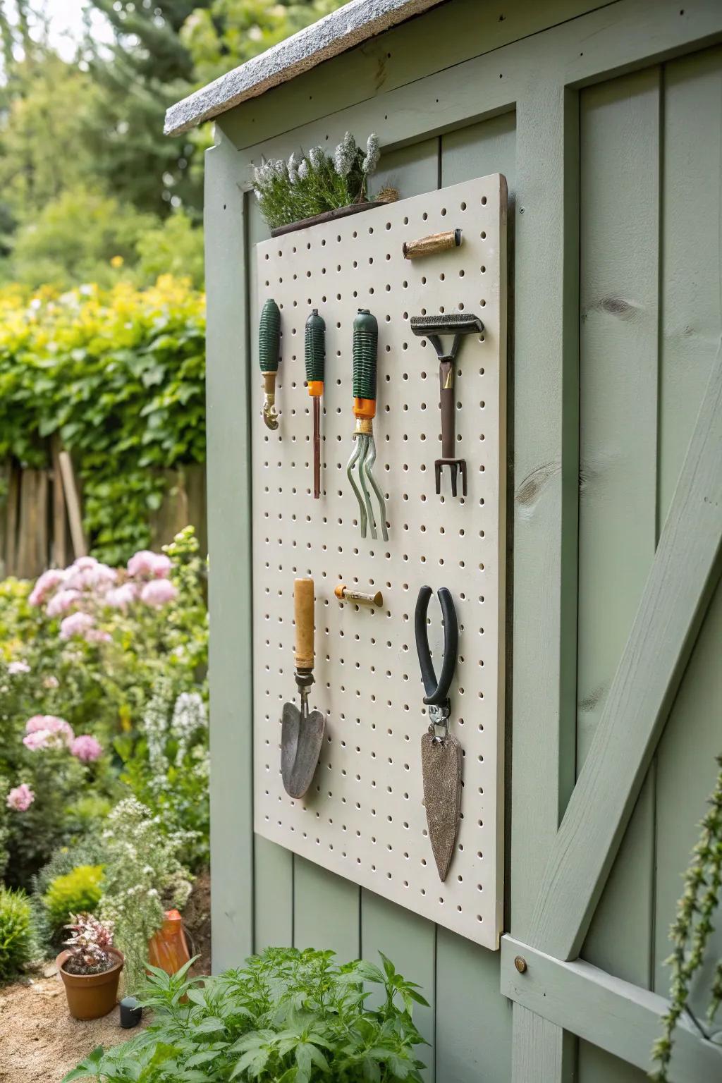 A perforated board makes tool storage customizable and easily reachable.