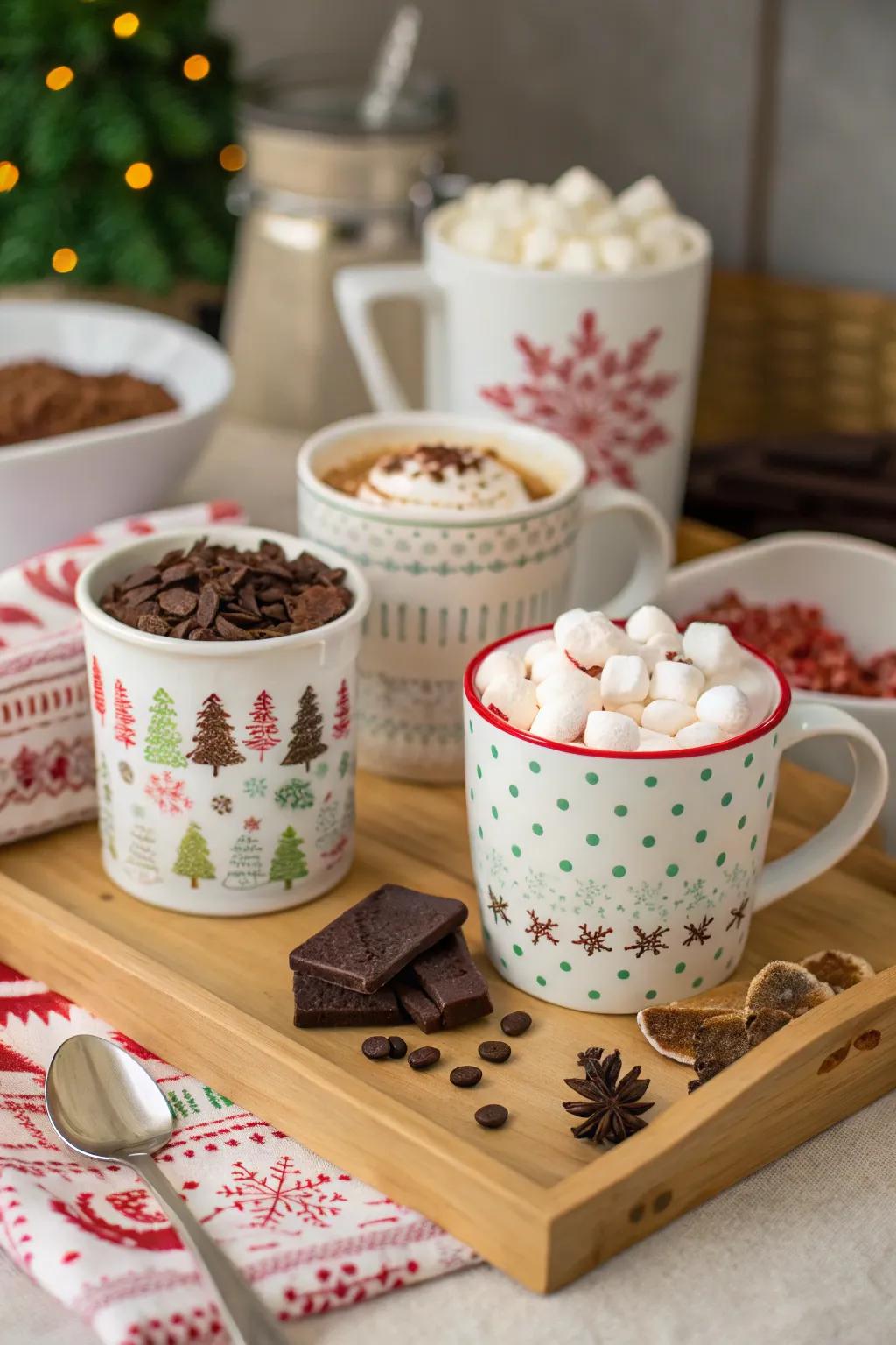An elegant hot chocolate bar showcasing a multitude of garnishes.