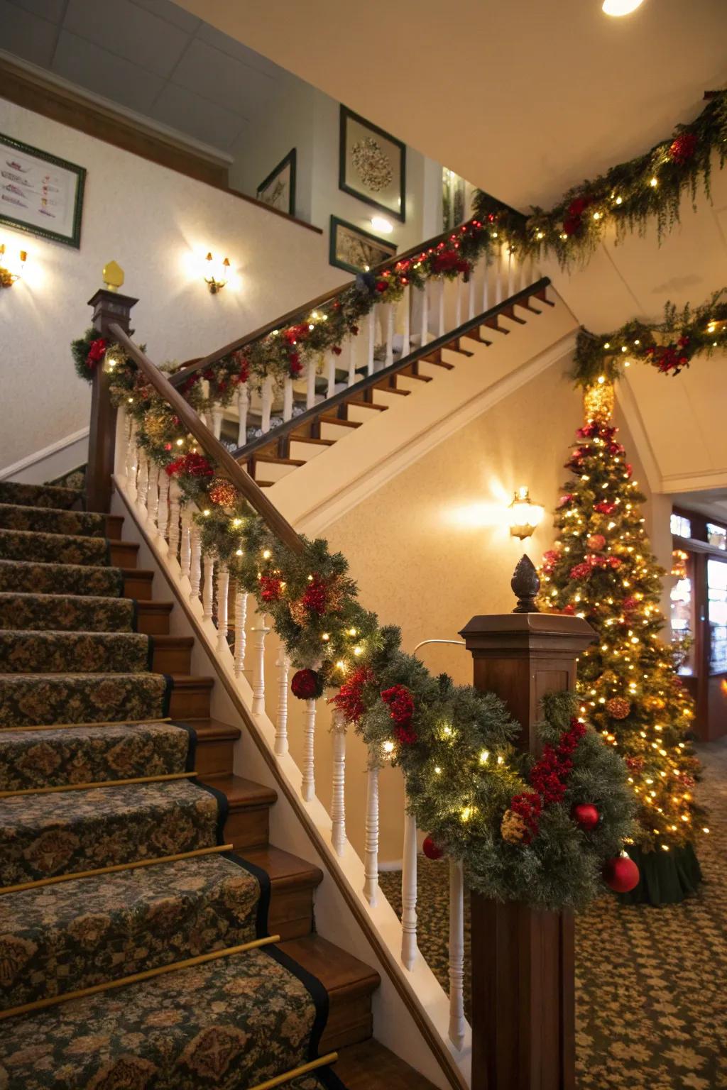 A cheerful stairway greeting visitors with holiday merriment.