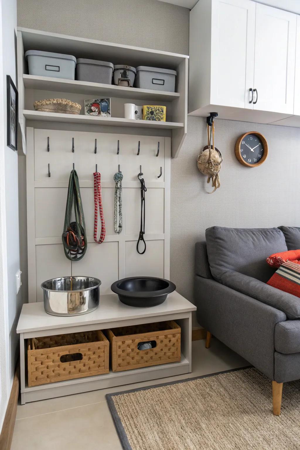 Well-organized wall-mounted storage for your pet's necessities.