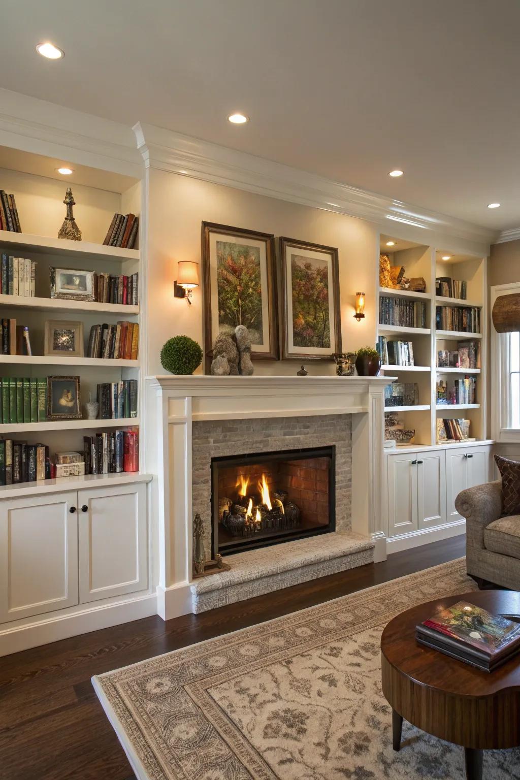 A beautifully arranged living space featuring a fireplace flanked by bespoke shelving filled with books and decorative accents.