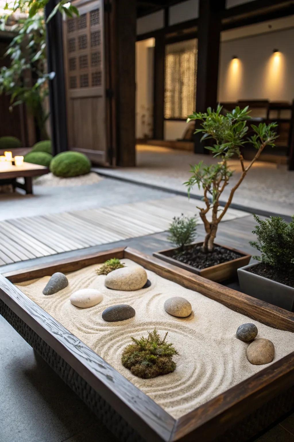 A Zen garden furnishes a tranquil haven within your abode.