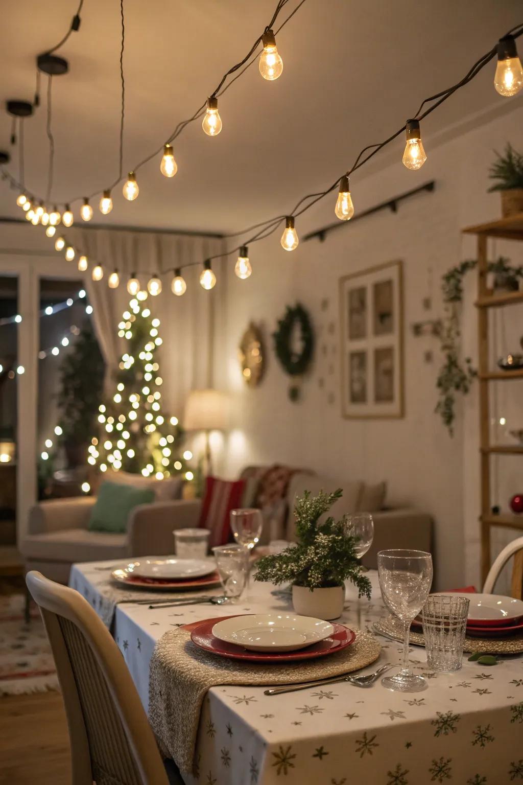 Make your dining experience better with festive fairy lights above the table.