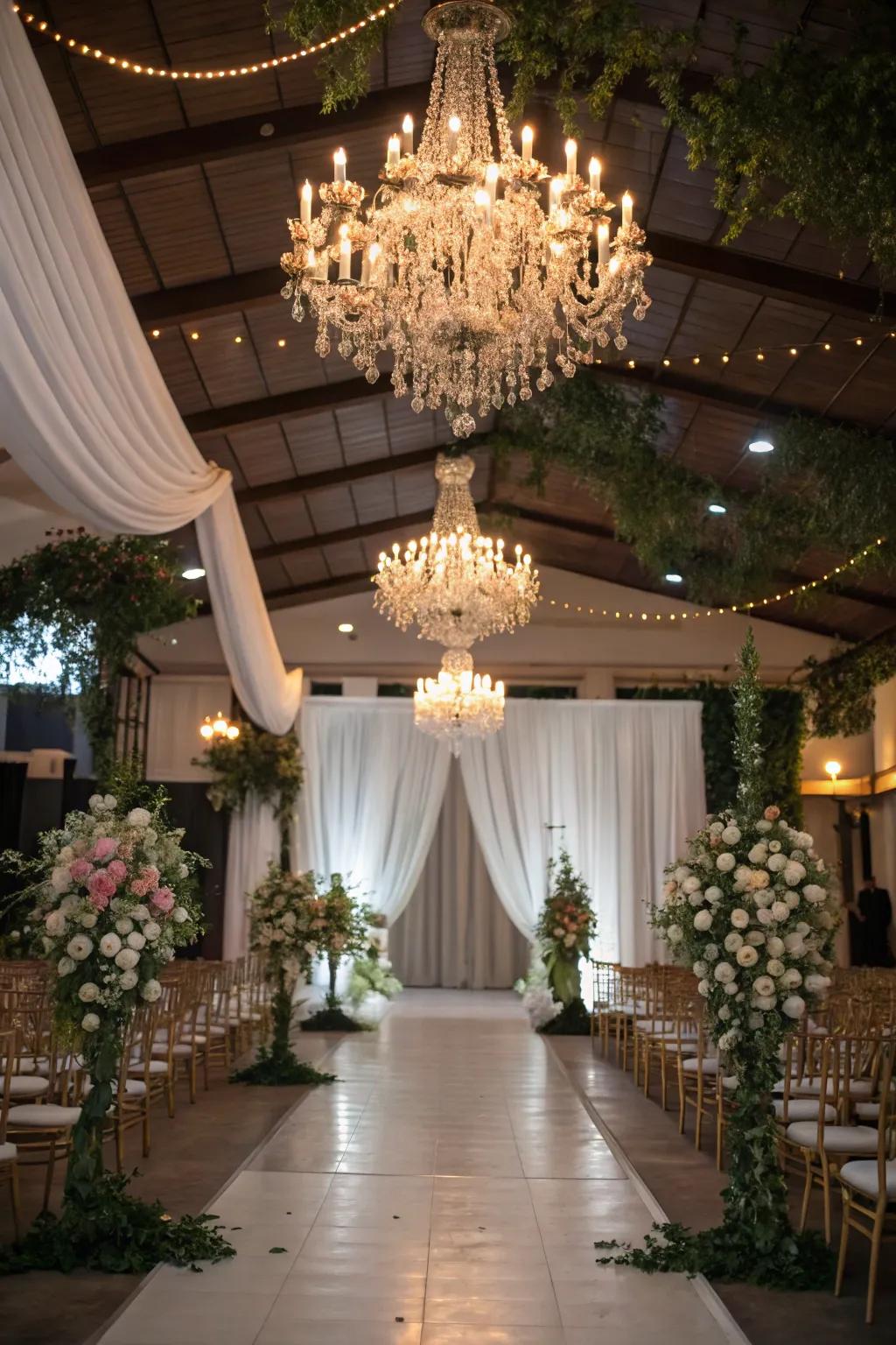 Drop lights adding a stylish touch to the wedding design.