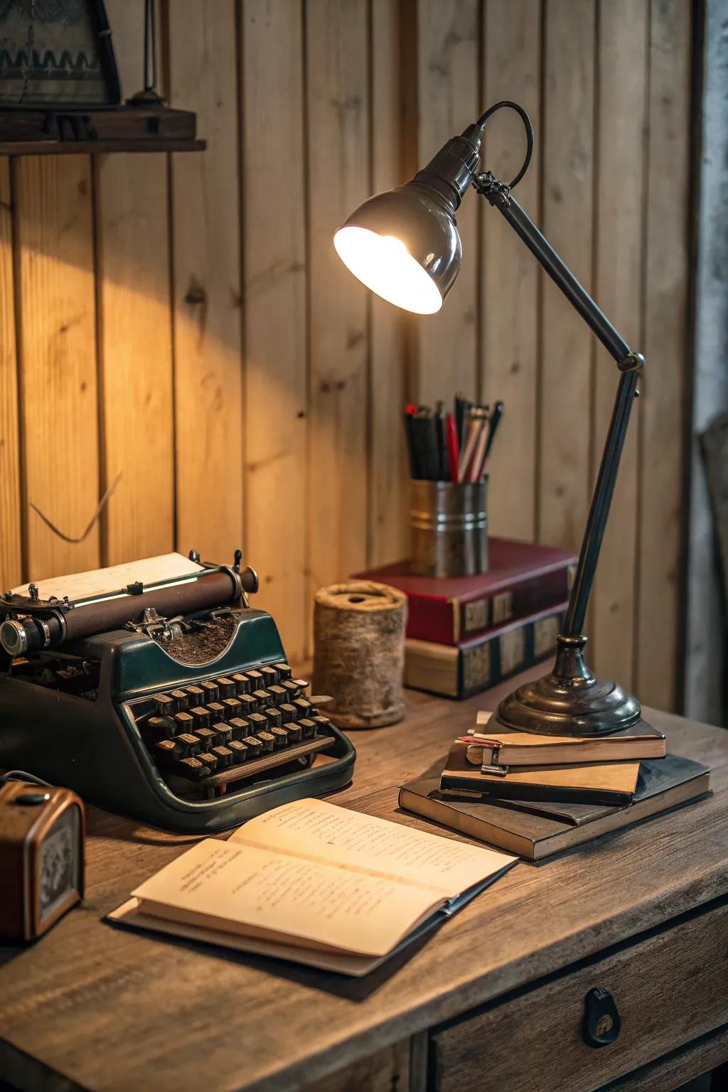 Vintage treasures infuse charm and character into your industrial desk.