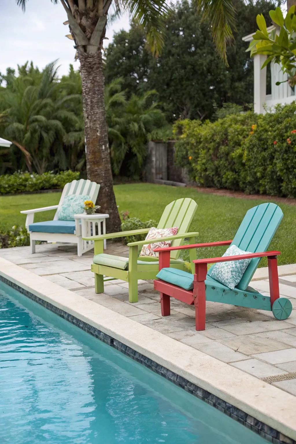 Repurposed furniture makes poolside relaxation affordable.