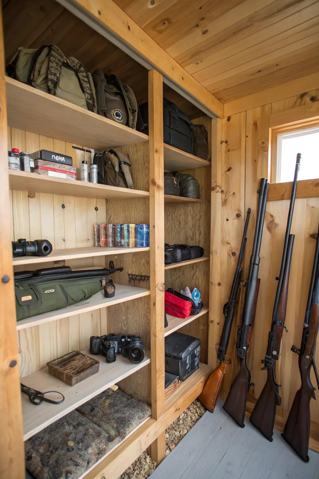 Shelves keep your gear organized and accessible.