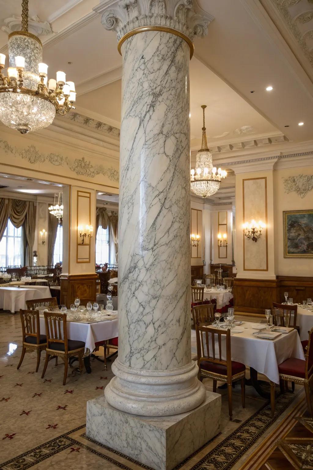 Marble-finished columns exude luxury.