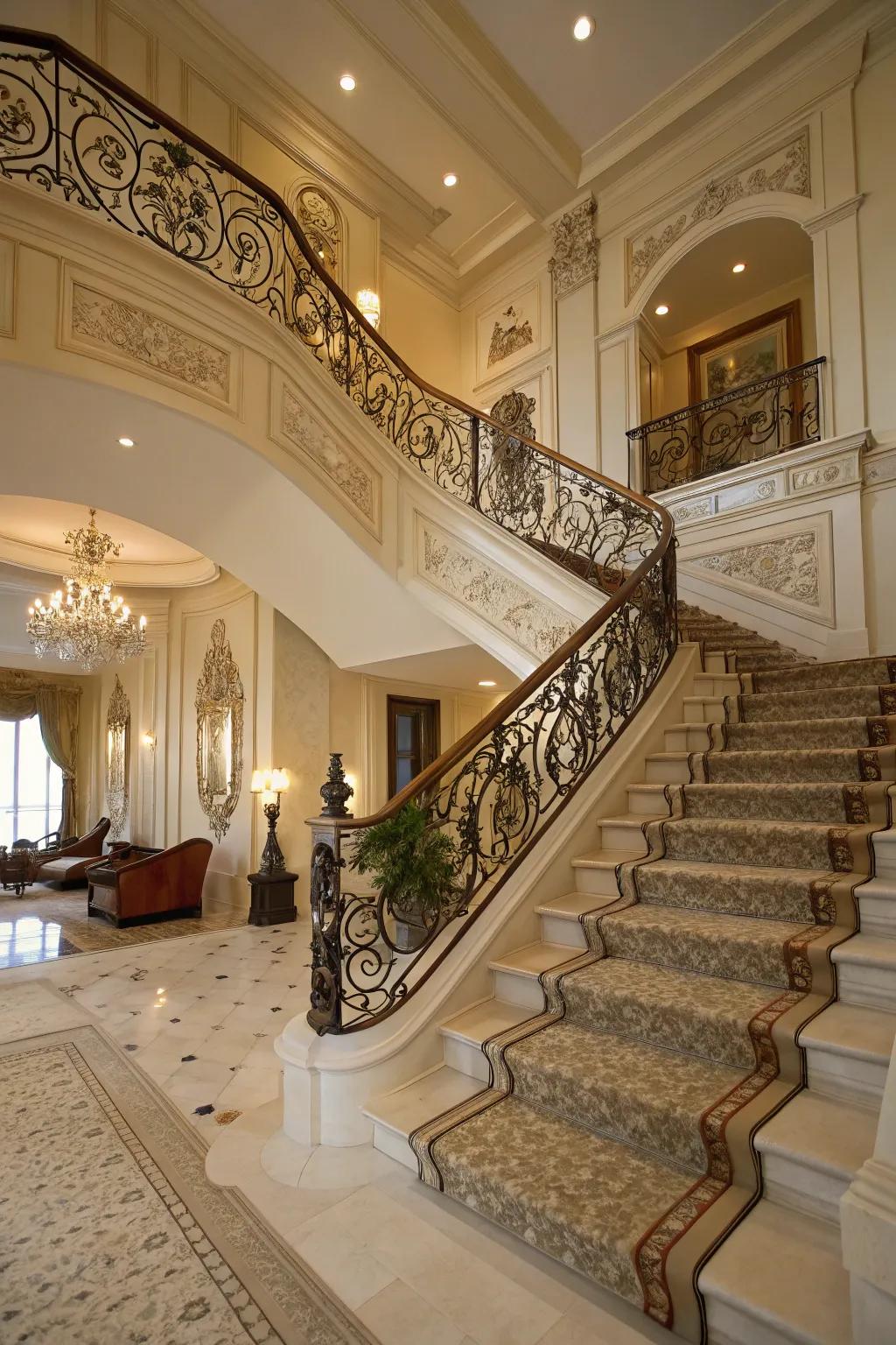 A magnificent staircase highlighted by beautiful decorative trim and moldings.