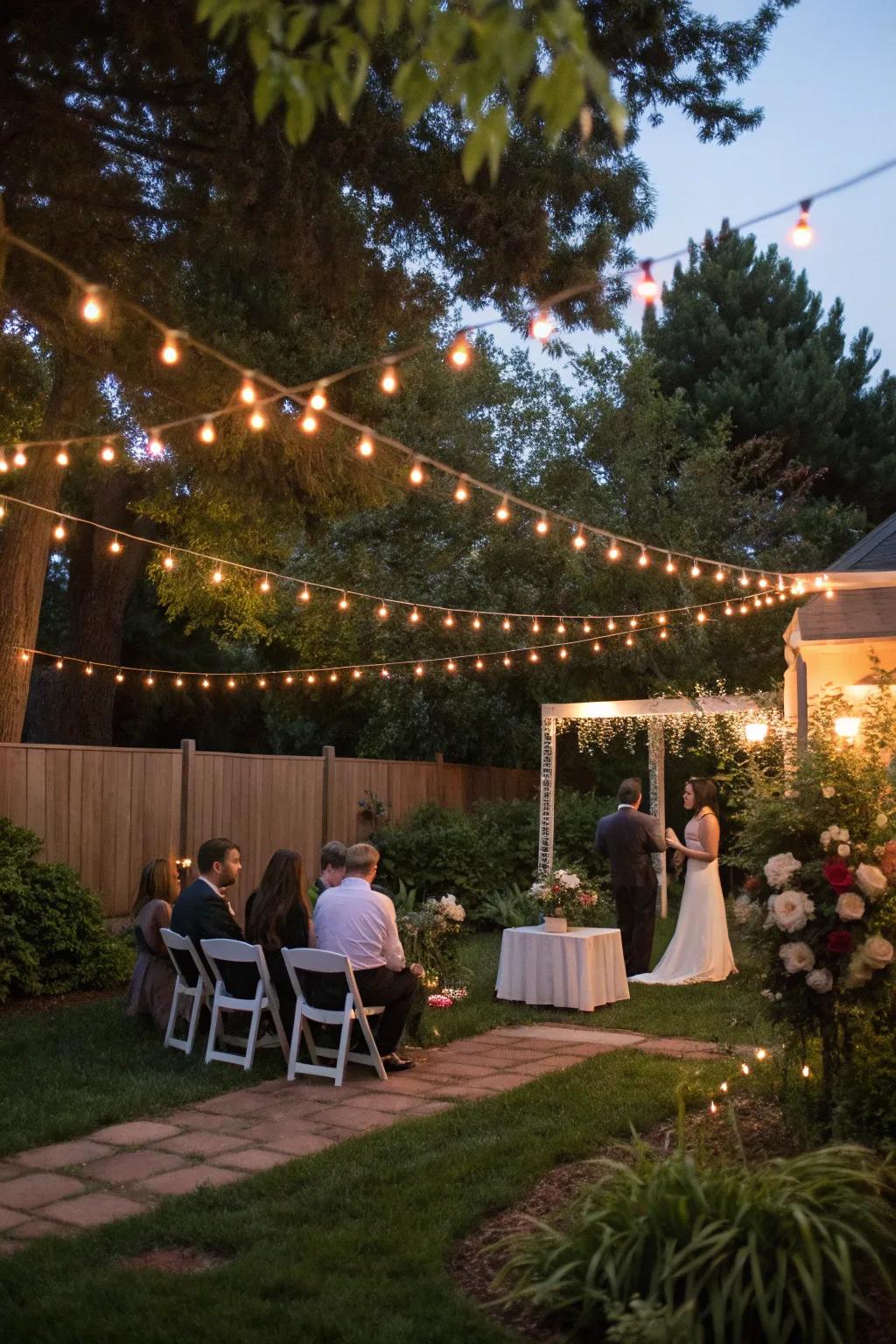 Twinkle lights creating a cozy shine over a backyard wedding.