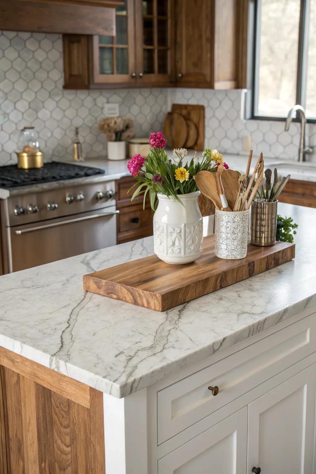The combination of materials enhances both the functionality and visual appeal of this bespoke kitchen island.