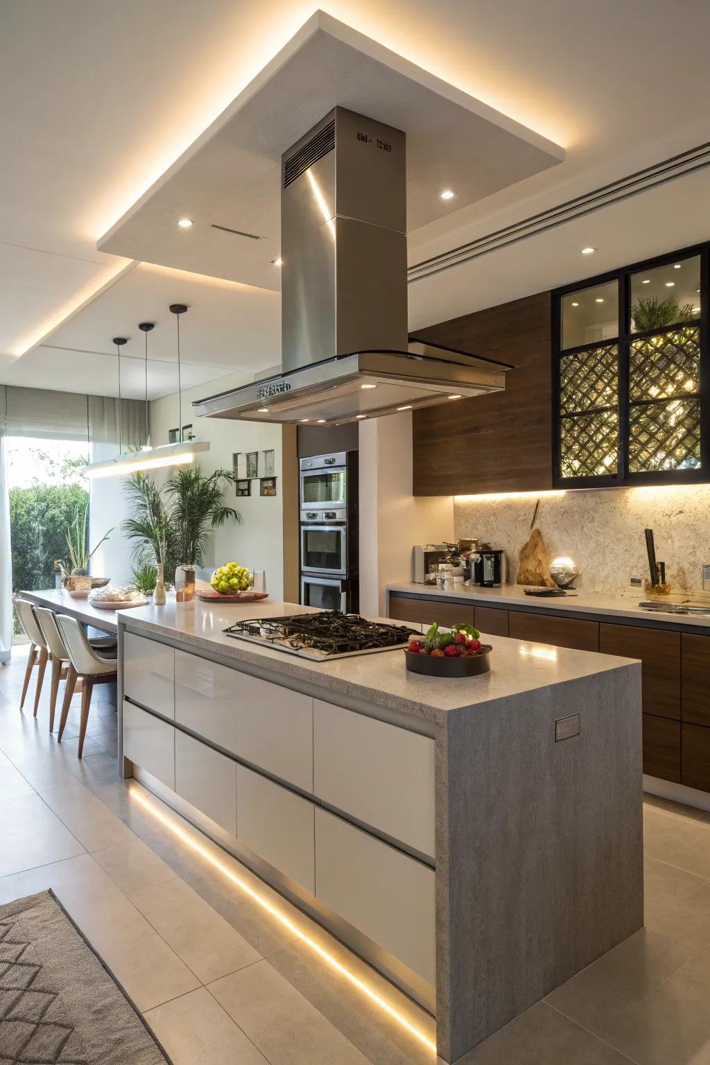 Integrated lighting in a range hood merges utility with elegance.