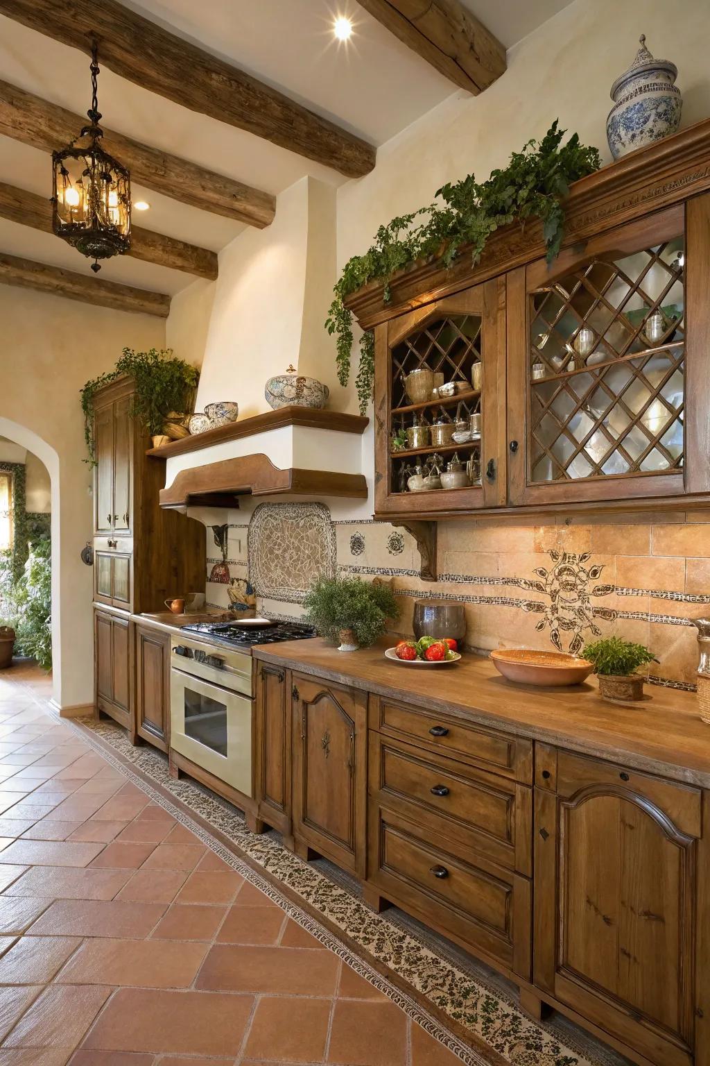 Custom wood furnishings contribute artisan elegance to this cooking space.