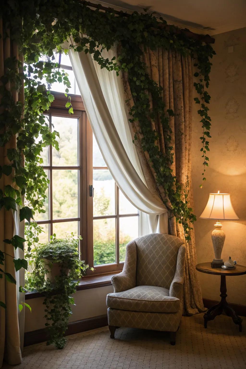 Elegant foliage drapery framing a window, resulting in an organic and delicate look.