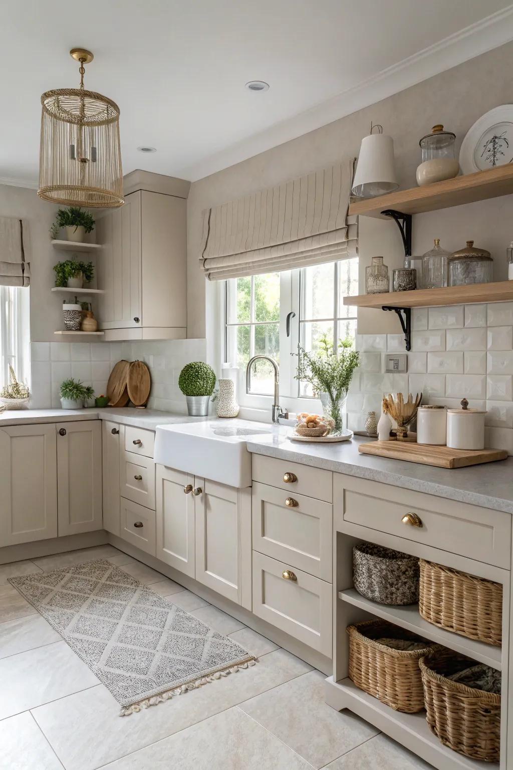 Neutral shades establish a soothing backdrop.