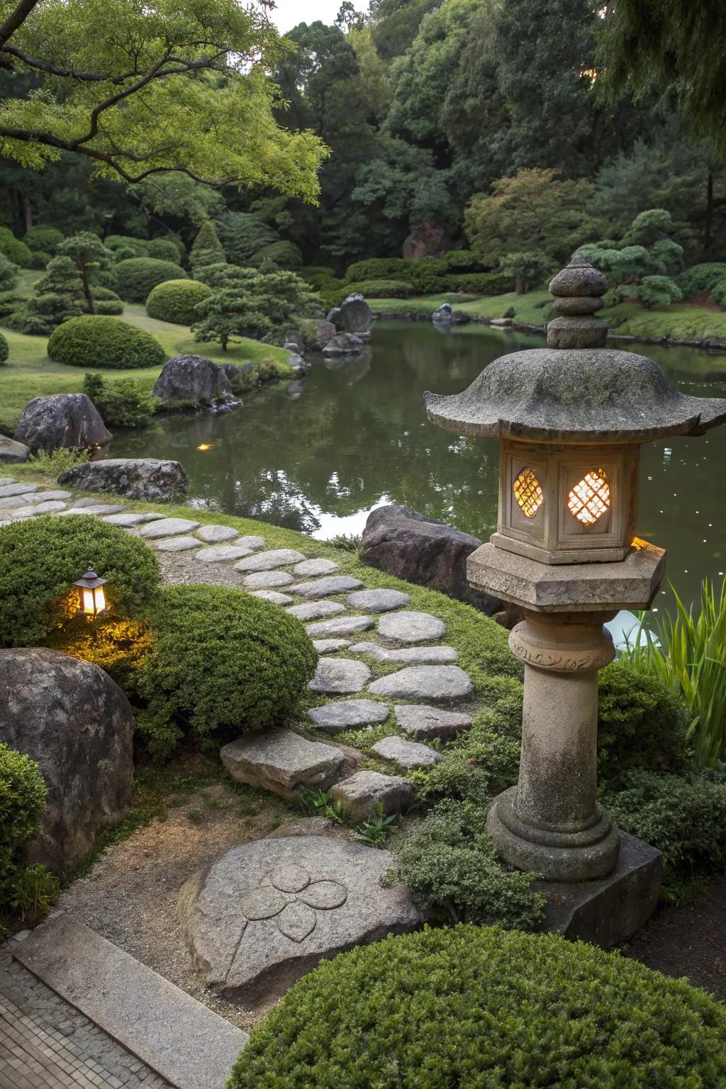 A traditional stone lantern enhancing the garden's charm.