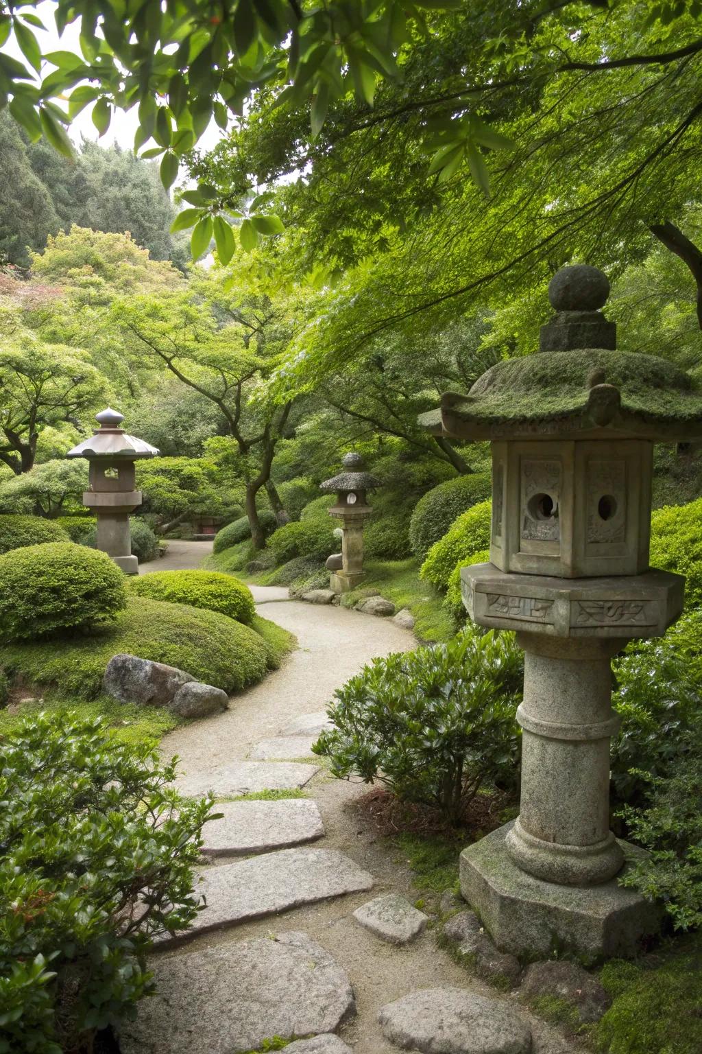 Classic stone lanterns placed among the foliage in a Japanese garden.