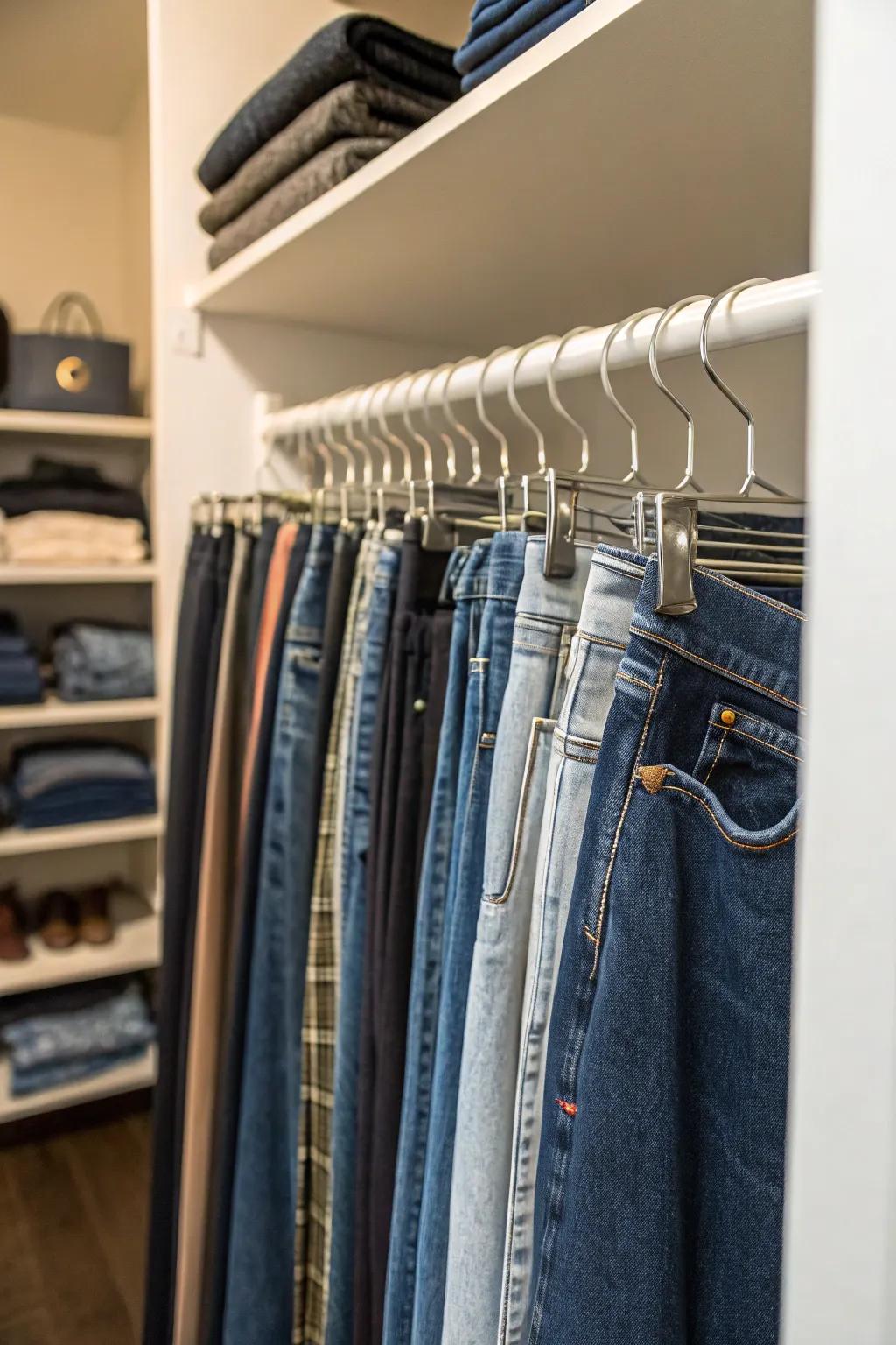 Implement S-shaped hangers for a clever vertical jeans storage approach.