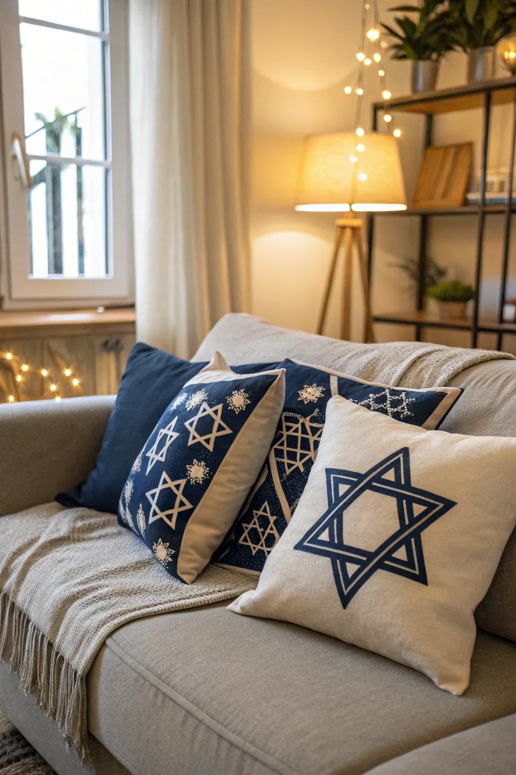 Snug scatter cushions imparting heritage to a contemporary sofa.